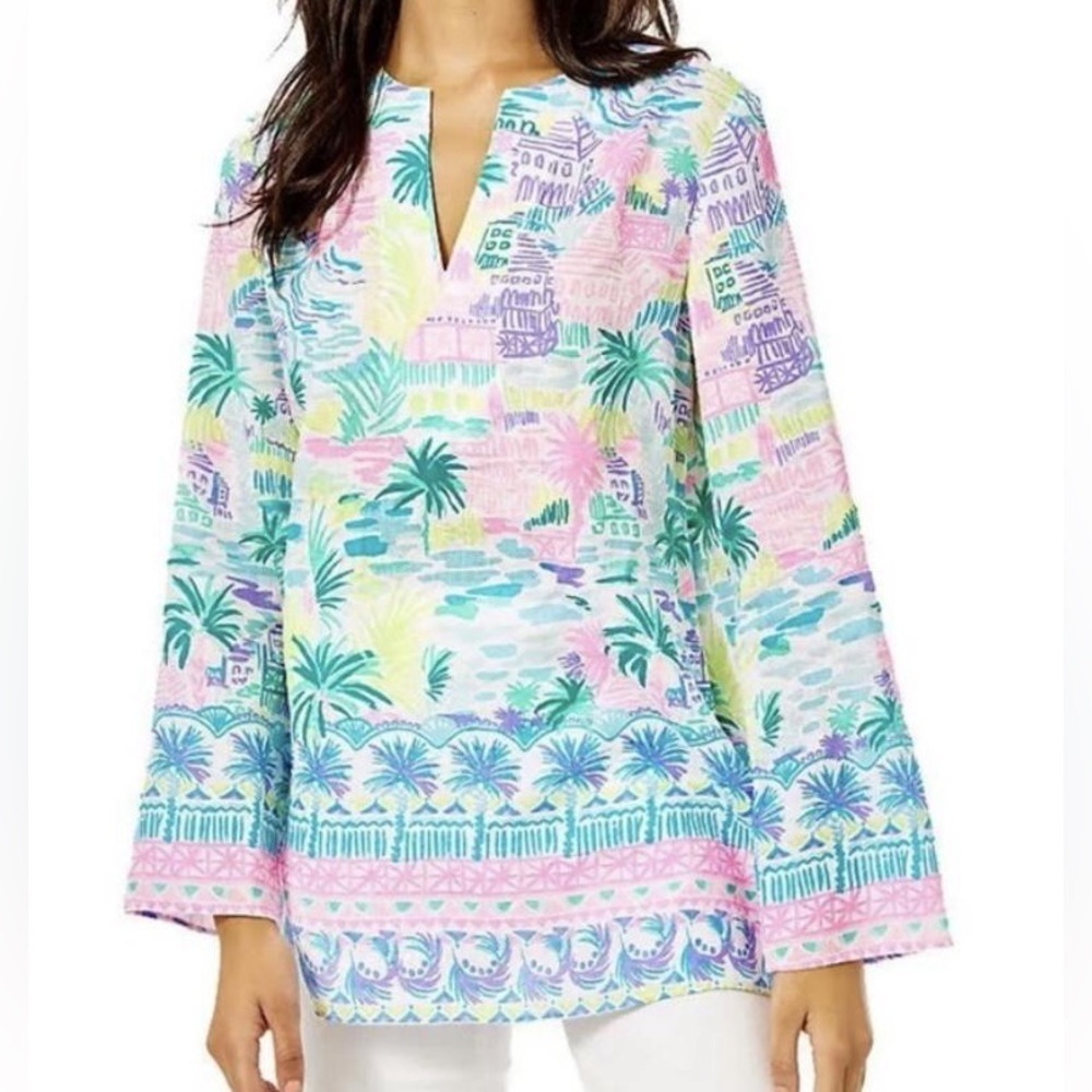 NWOT Lilly Pulitzer ocean cove 100% linen tunic blouse in private island S